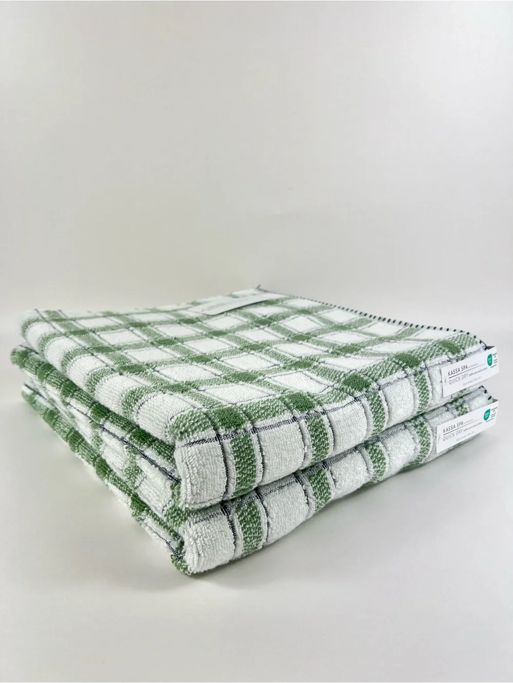 Kassa Spa Kassatex Bath Towel Set Green White Black Stripe Soft Cotton 2 Pc NEW
